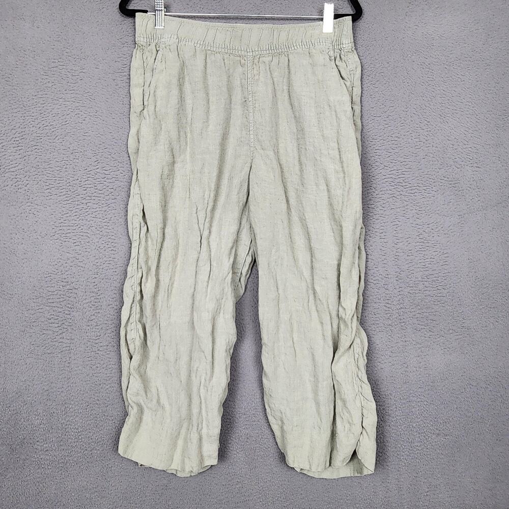Tahari Capri Pants Womens L Green 100% Linen Wide Leg Pull On Lightweight Casual